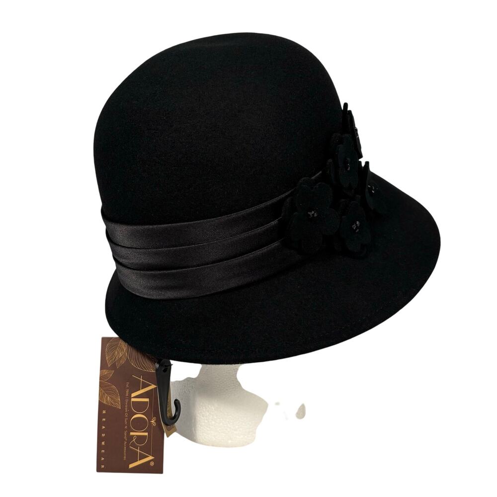 Adora Black Wool Floral Ribbon Felt Winter Cloche Hat Adjustable Womens OS NEW - Picture 4 of 13